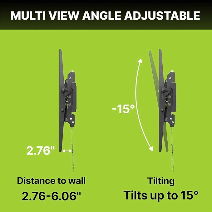 Graphic showing the distance that a TV wall mount can stand away from the wall as well as the angle at which it can tilt up to.
