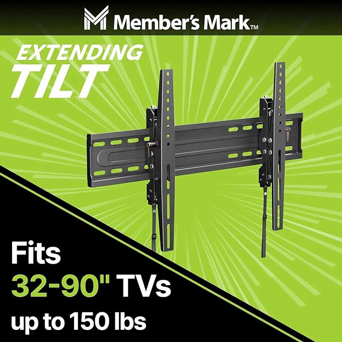 A graphic showing that the pictured TV wall mount fits 32-90" TVs up to 150 lbs.