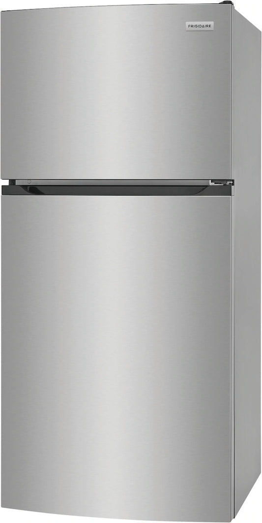 A stainless steel refrigerator freezer on a white background.