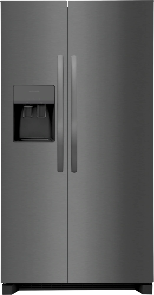 A black refrigerator freezer with an open door, showcasing its interior and storage compartments.