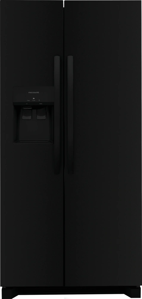 A black refrigerator freezer with an open door, showcasing its spacious interior and cooling compartments.