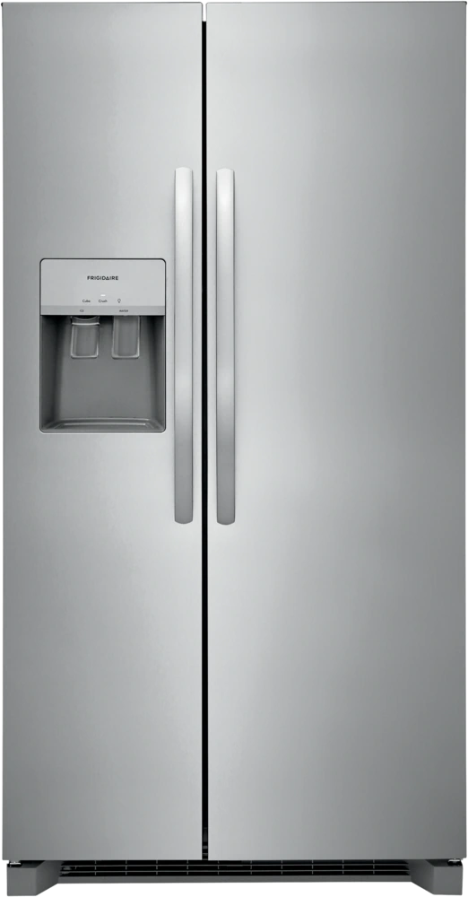 A side-by-side Frigidaire refrigerator with double doors, featuring a freezer on one side and a refrigerator on the other.