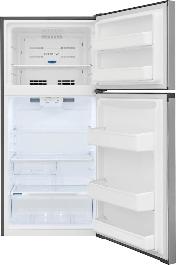 A white refrigerator with open door, showing shelves and compartments inside.
