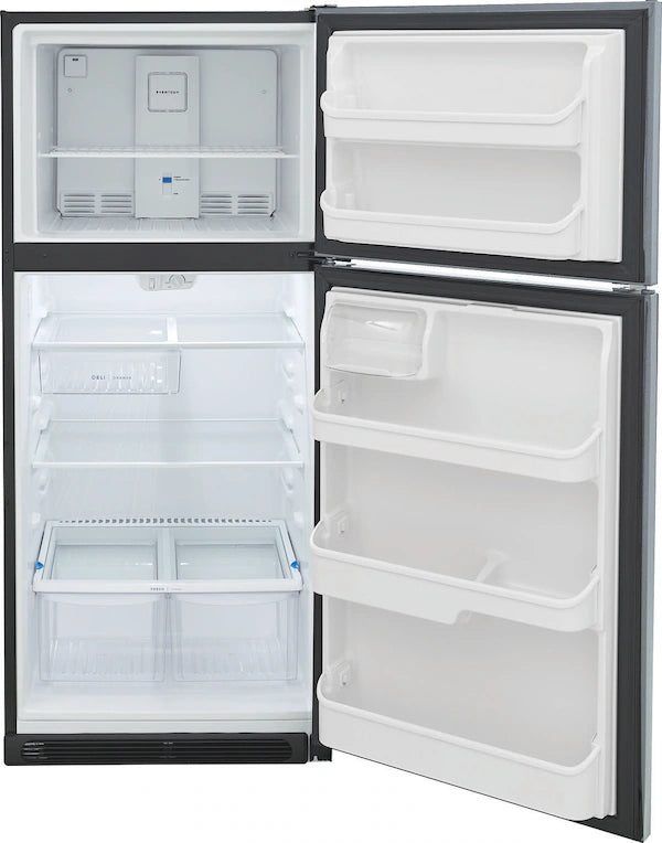 A black refrigerator with open door, showing shelves and interior.