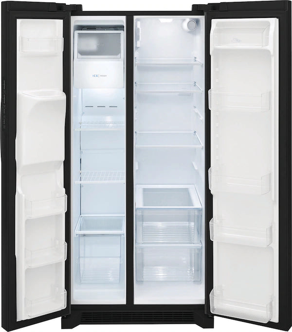 An open refrigerator door revealing shelves.