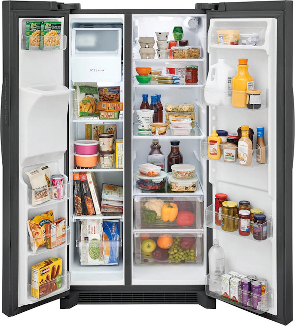 An open refrigerator filled with various food and drinks.