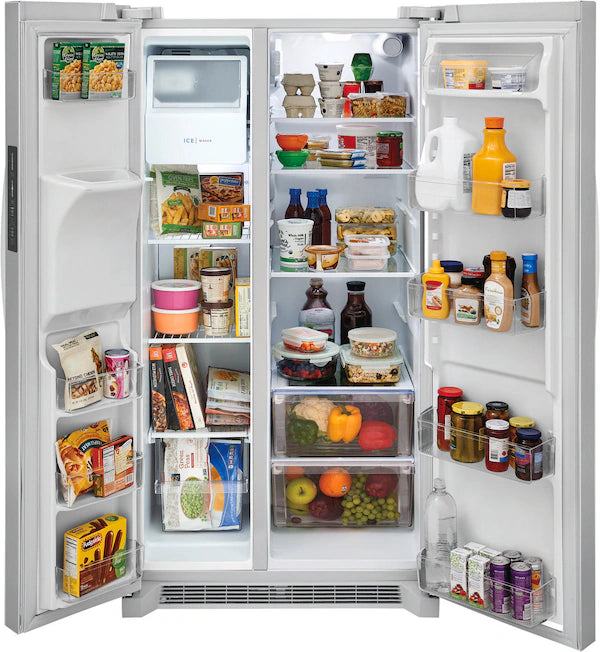 A refrigerator with an open door revealing its contents, including food items and beverages.