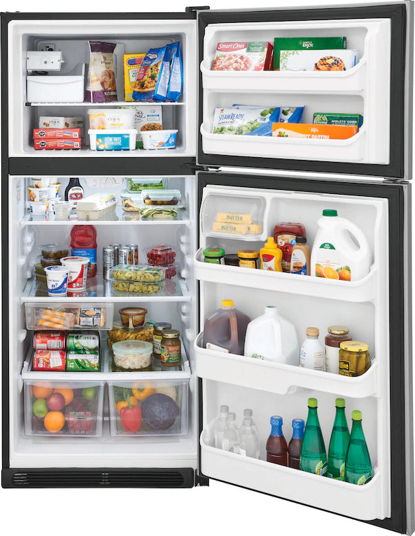 An open refrigerator filled with various food and drinks.