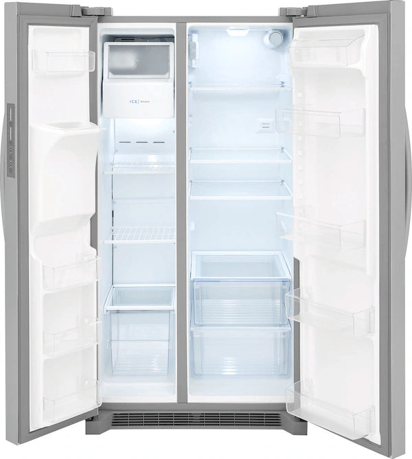 Frigidaire side-by-side refrigerator with open door, showcasing its spacious interior and organized compartments.