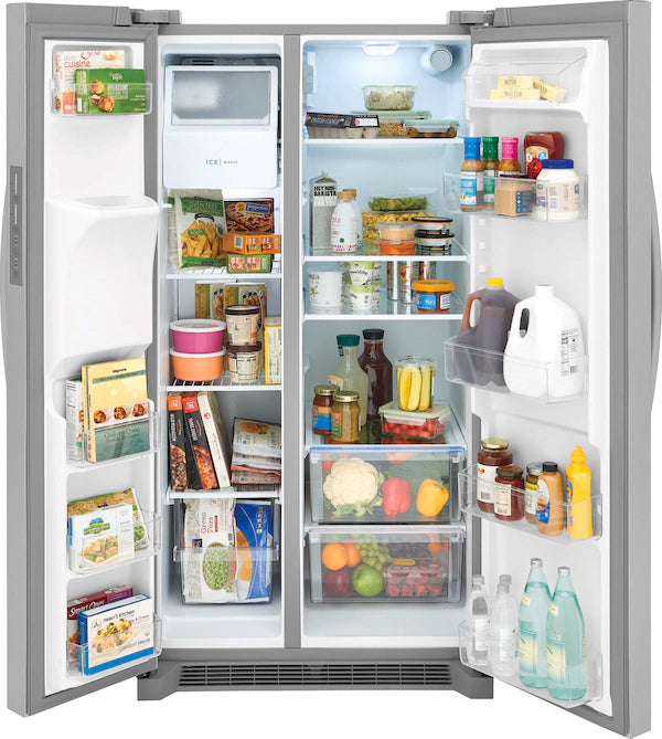 An open refrigerator door revealing shelves of food and drinks.
