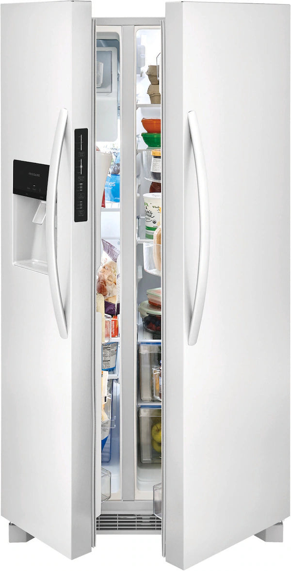 1. Frigidaire® 25" side-by-side refrigerator with sleek design and spacious compartments for efficient storage.