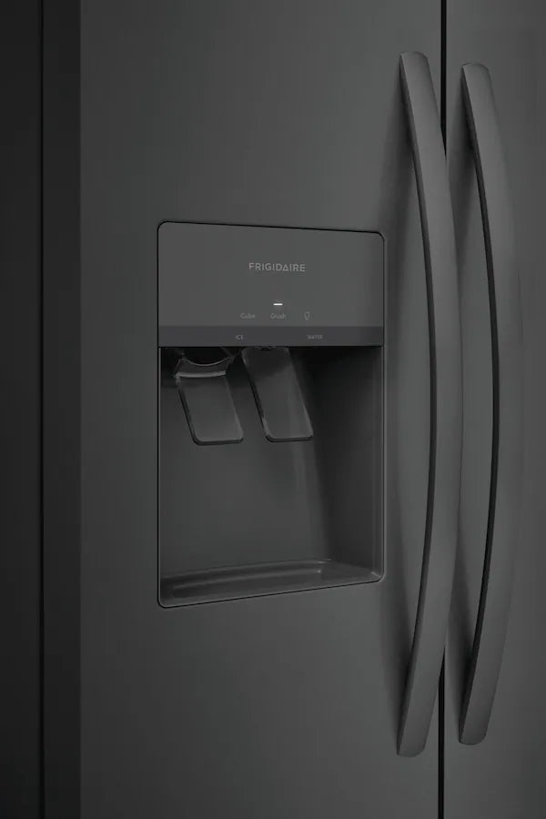 A black refrigerator with a water dispenser and ice maker, providing convenience and functionality.