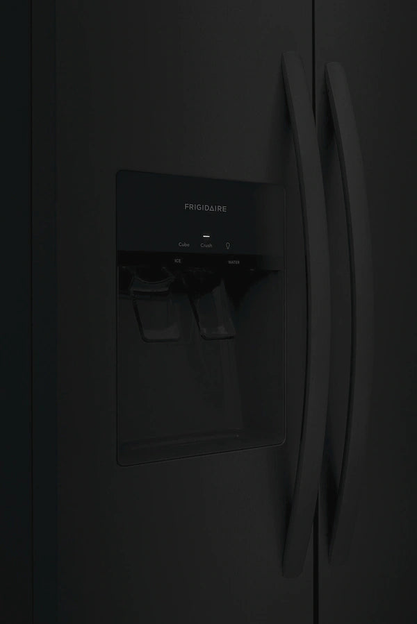A sleek black refrigerator with a water dispenser and ice maker.
