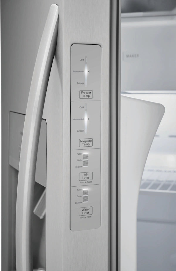 A close-up of a stainless steel refrigerator with visible controls for temperature and settings.