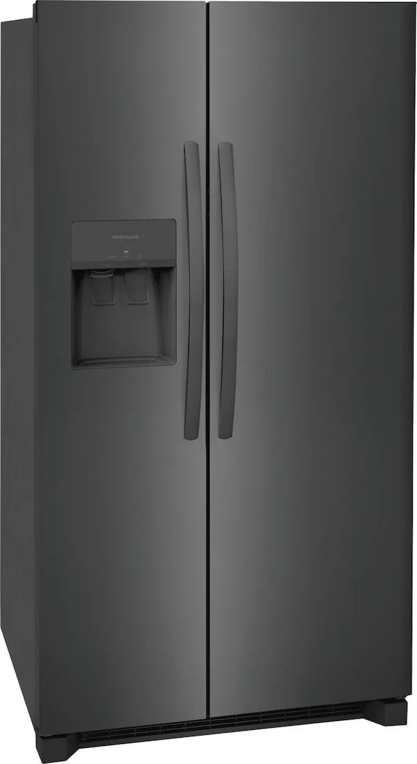 A black refrigerator freezer with an open door, showing shelves and compartments inside.