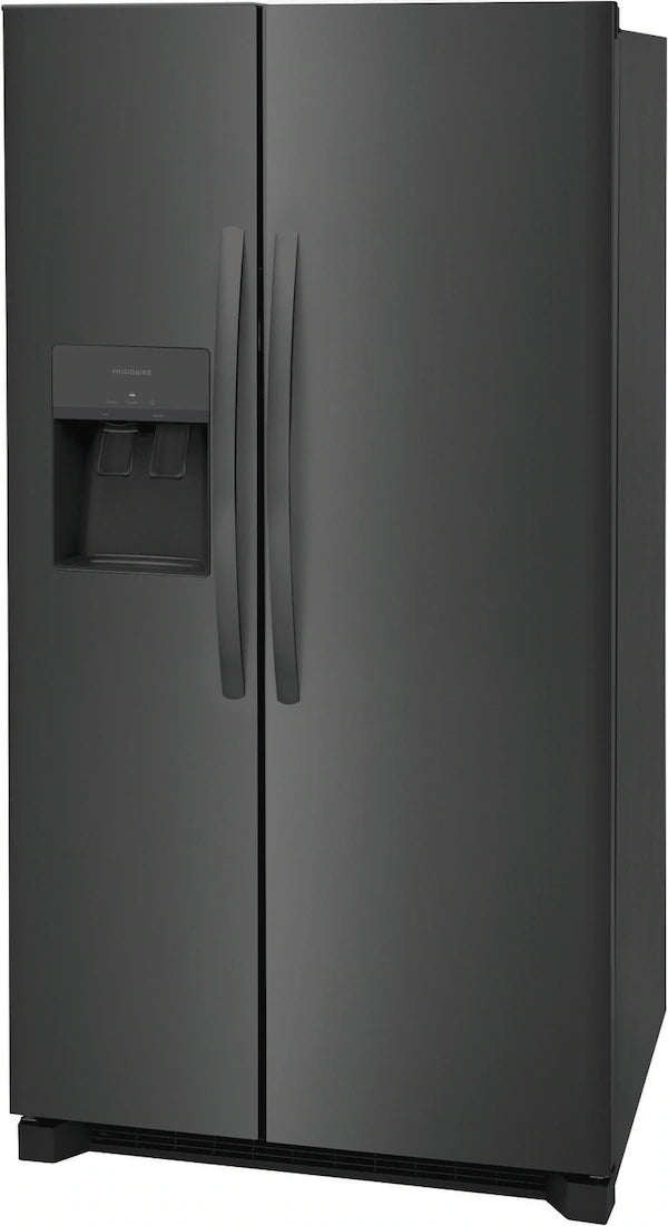 A black refrigerator freezer with an open door, showing shelves and compartments inside.