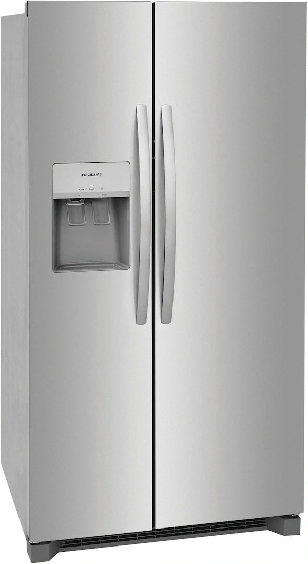 Side by side Frigidaire refrigerator with water dispenser, perfect for keeping your food fresh and hydrated.