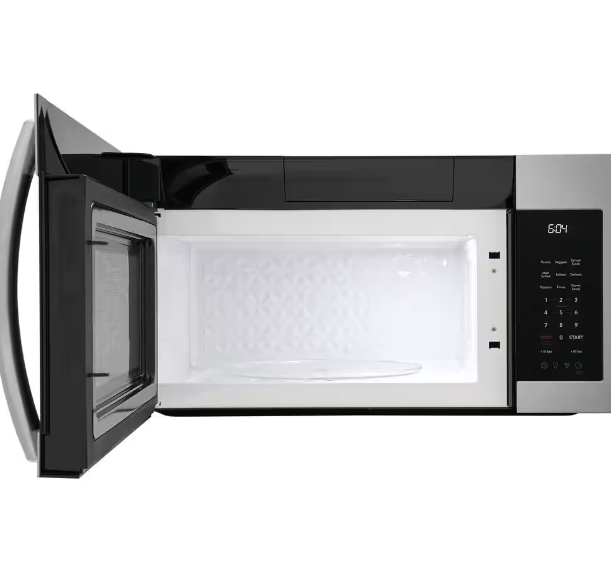 An open microwave door on a white background.