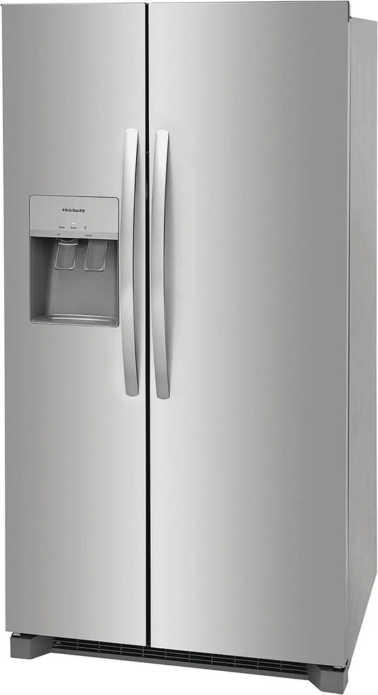 Side by side Frigidaire refrigerator with water and ice dispenser, stainless steel finish, energy efficient.
