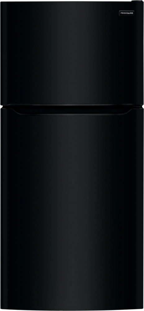 A black refrigerator against a white background.