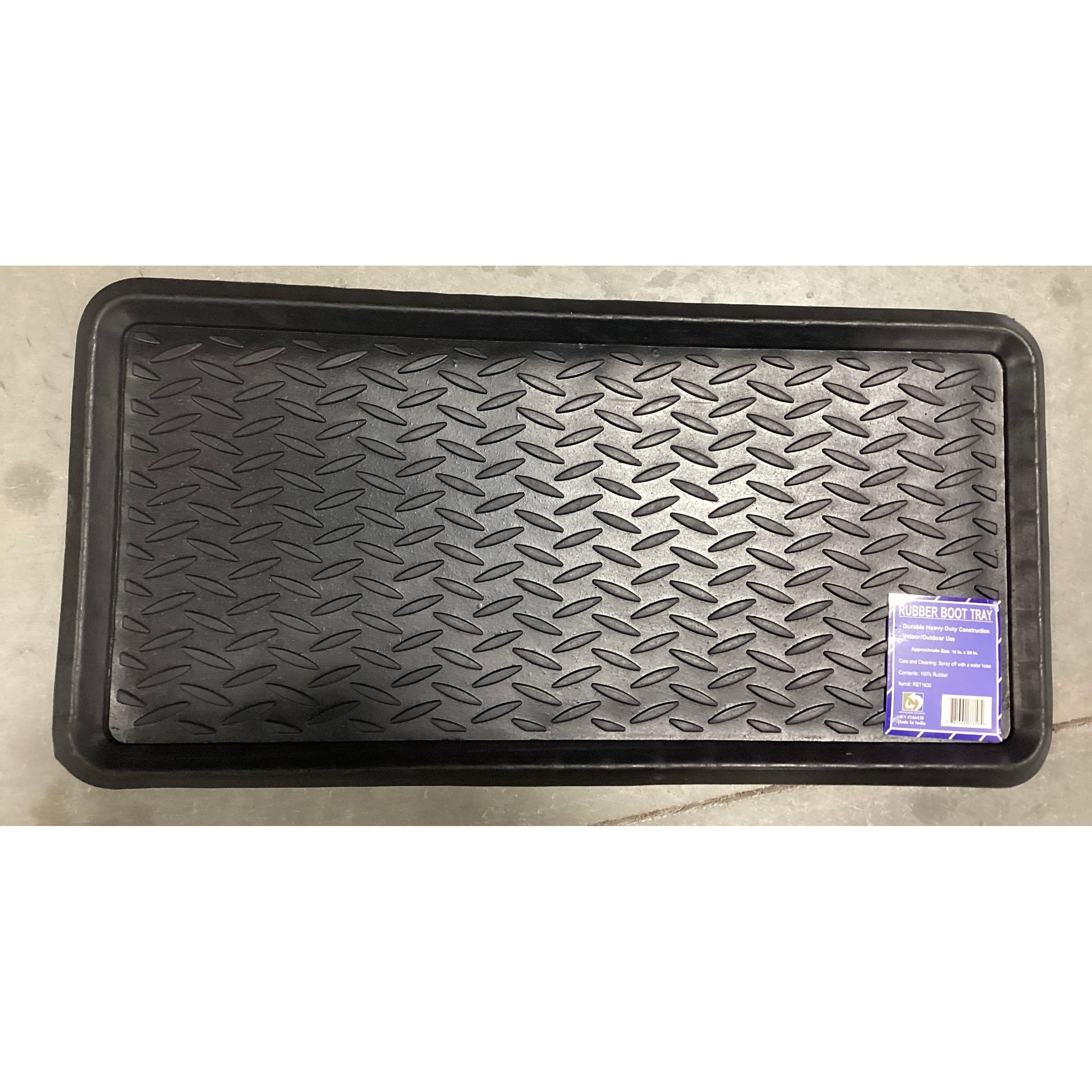 A black plastic boot tray with a diamond pattern, perfect for keeping your floors clean and organized.