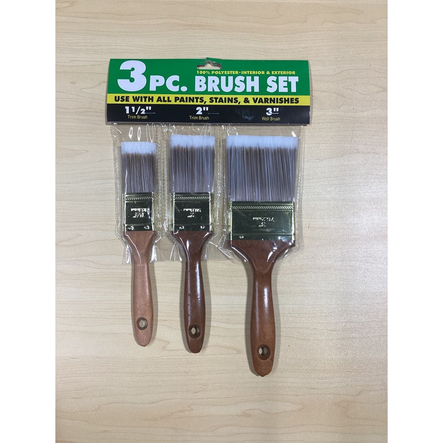 3 piece brush set 1.5 inch, 2 inch, and 3 inch brushes included