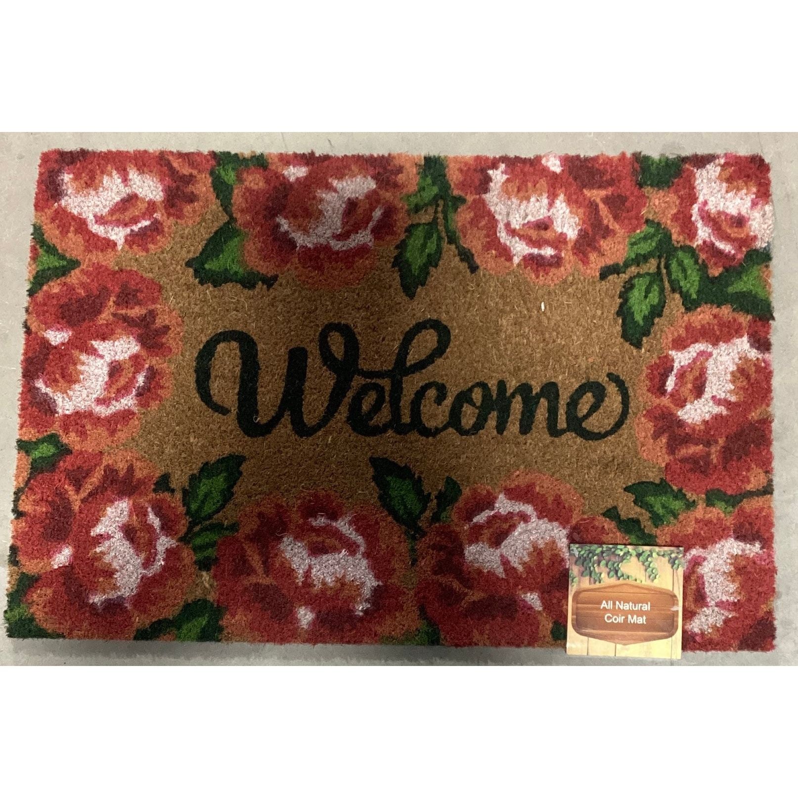 Welcome mat that reads "Welcome" surrounded by red poppys