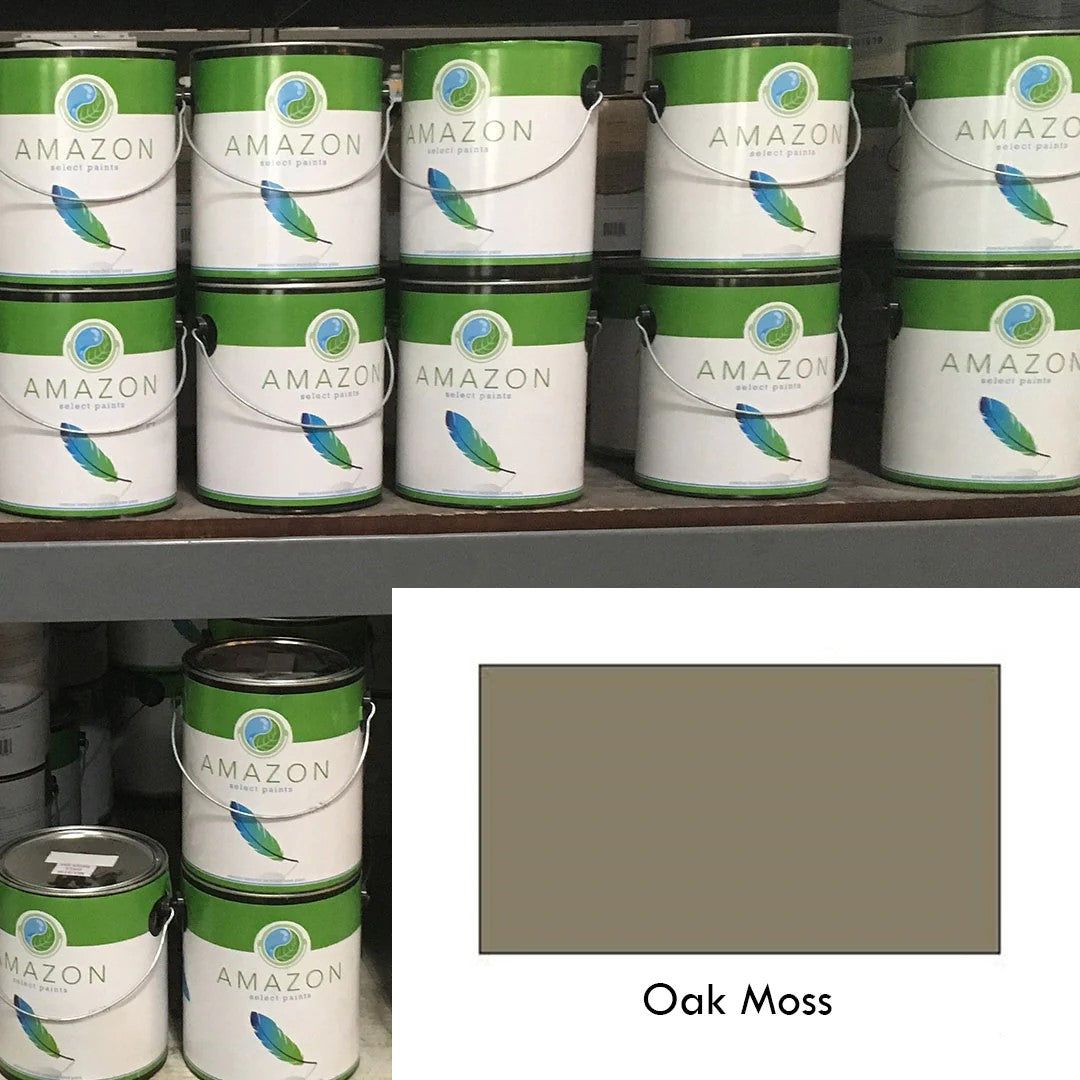 Oak Moss Amazon paint displayed in store.