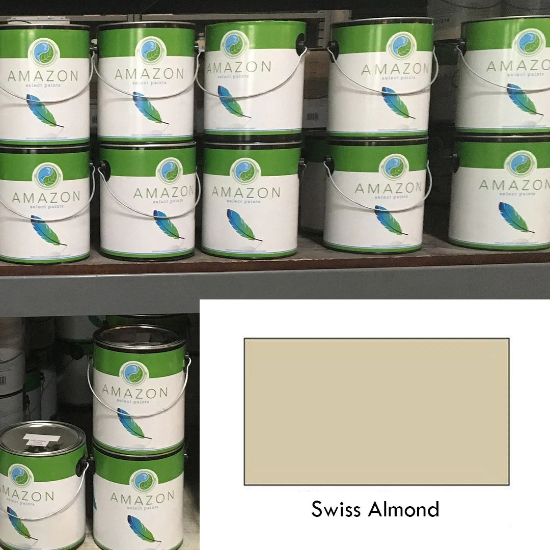 Swiss Almond Amazon paint displayed in store.